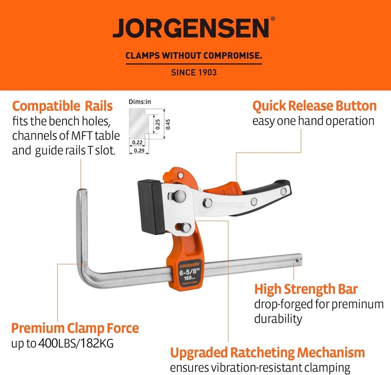 Jorgensen 6-5/8" Ratcheting Table Clamps, Quick Release Track Saw Clamps, Guide Rail Clamp for MFT Table and Guide Rail System, 2-7/8" Throat Depth, 400lbs Load Limit, 2 Pack - Image 2